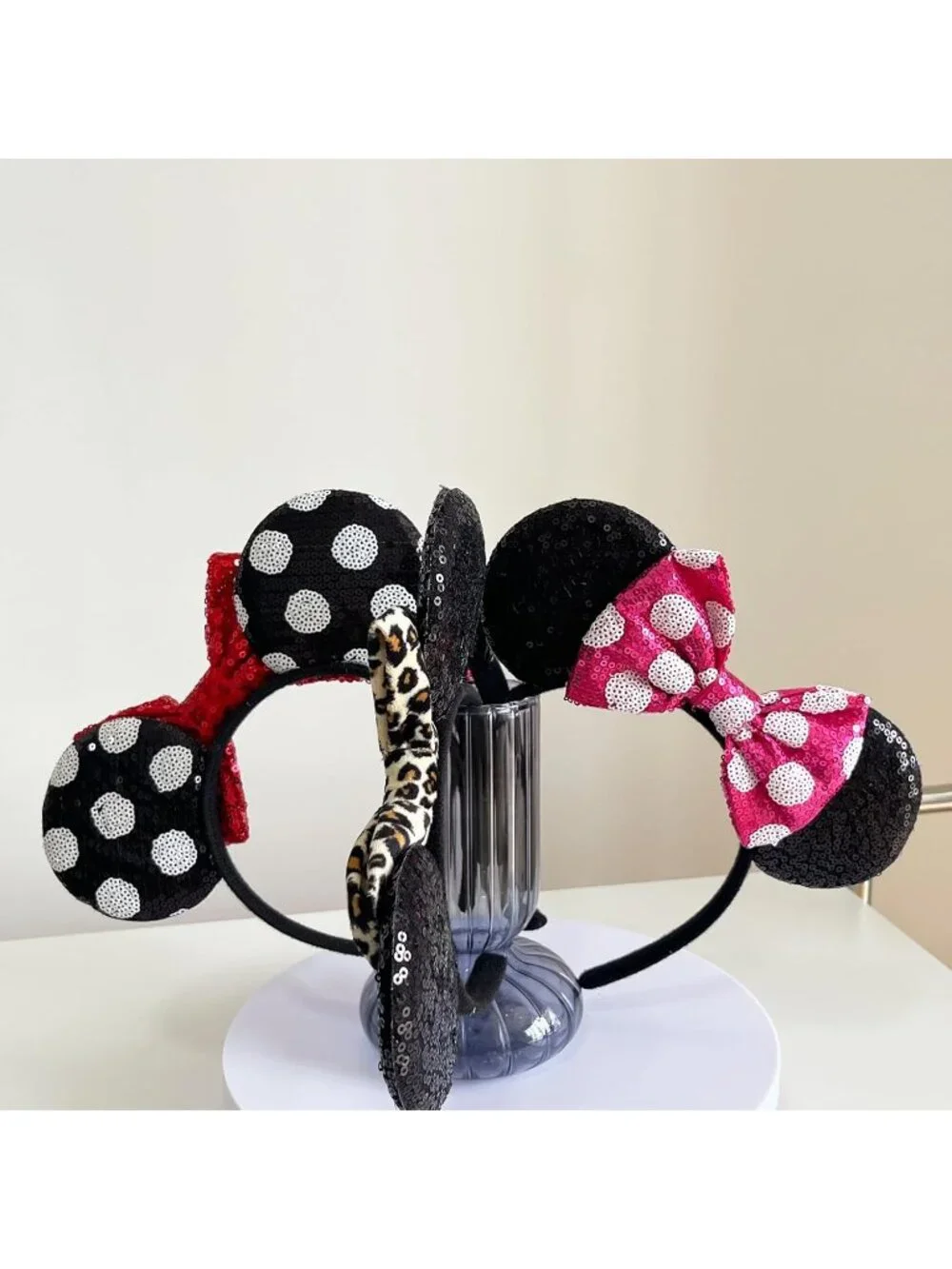 Women Red Bow Sequin Polyester Shiny Bows Mickey Mouse Headband